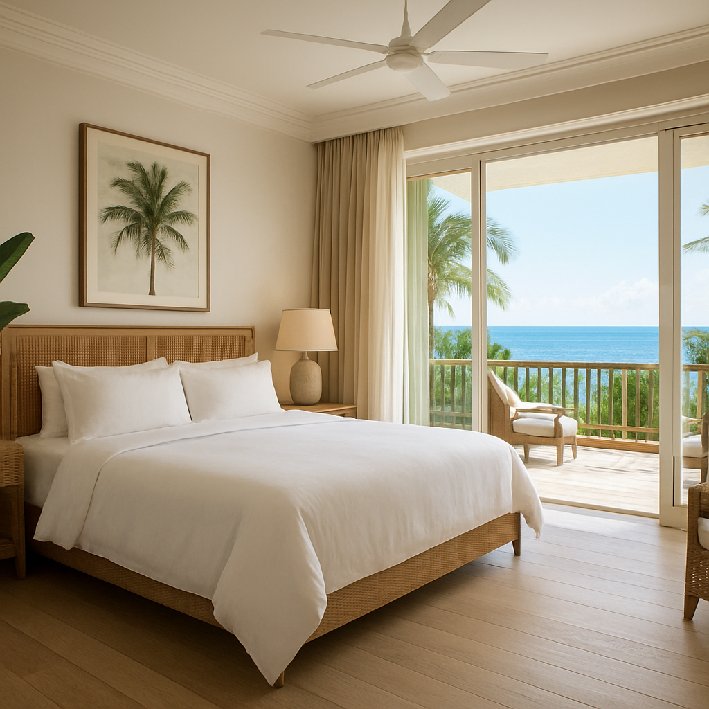 Master bedroom with king bed and ocean view